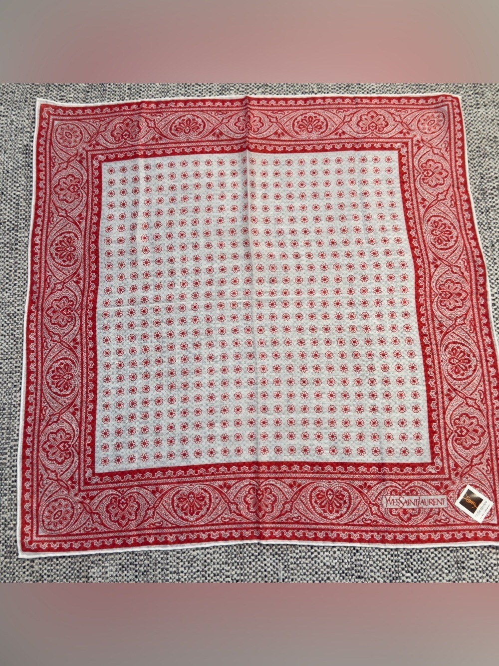 Yves Saint Laurent Red and White Paisley Border Scarf / Handkerchief/ Bandana